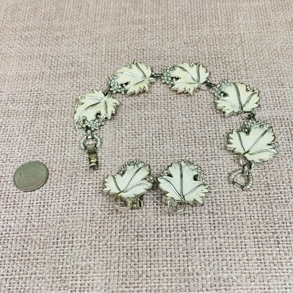 VTG Sarah Coventry White Enamel Silver Leaf Bracelet and‎ Earrings Set